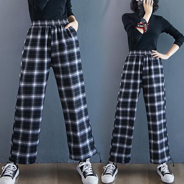 

women's pants & capris autumn grid big yards dress slacks fat mm elastic waist haroun draw string bloomers thick legs long, Black;white