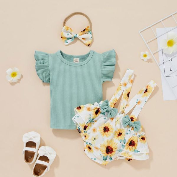 

clothing sets summer baby girls 3pcs ruffles sleeve ribbed solid t-shirt + sunflower overalls shorts headband suit, White