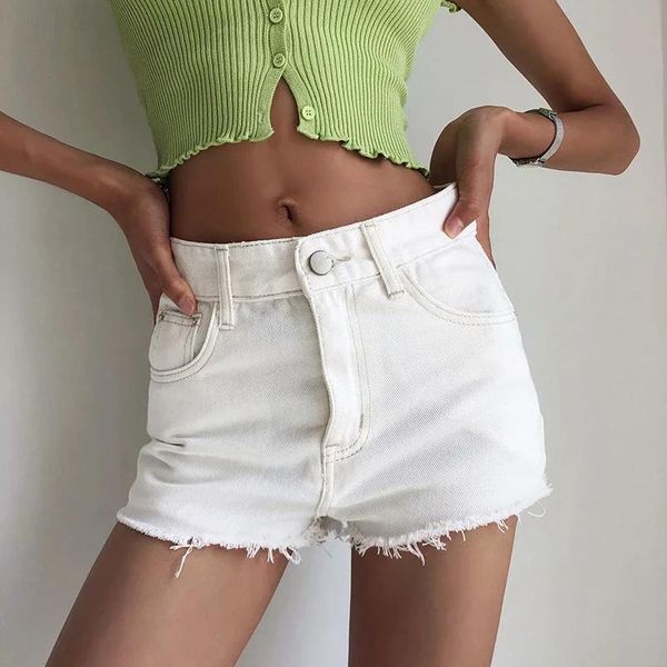 

women high waist organic cotton -hem denim shorts women's, White;black