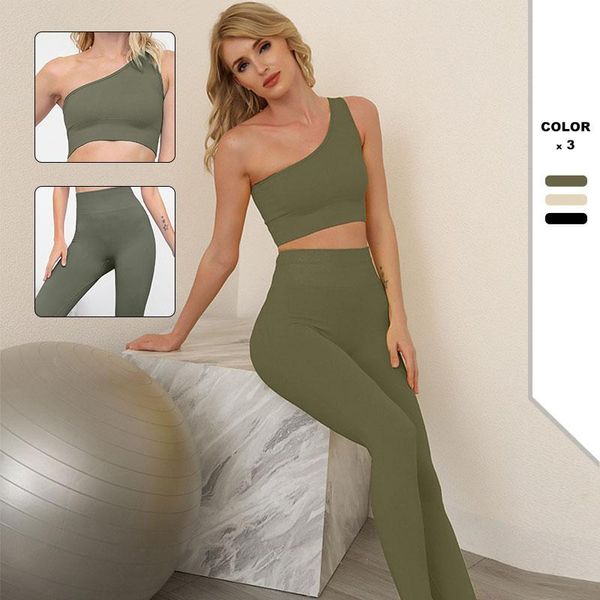 

women's one-shoulder vest sports high waist seamless trousers yoga gym set suitable for fitness workout clothing outfit