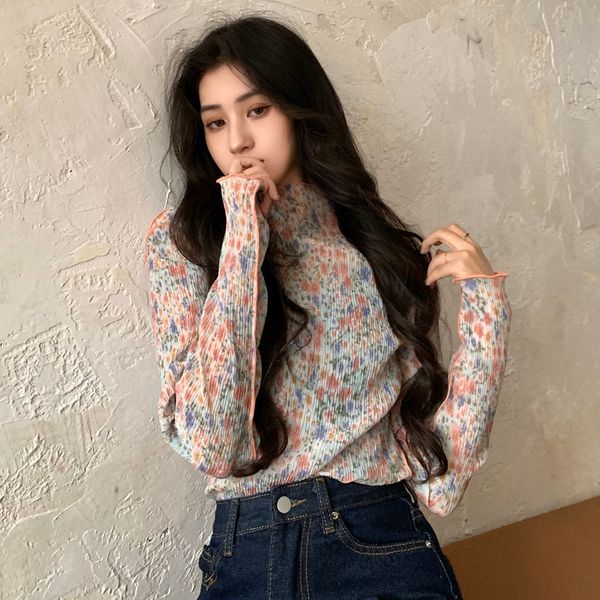 

2021 autumn floral chiffon shirt small turtleneck long sleeve blouses slim pleated womens and blouse (c2960), White