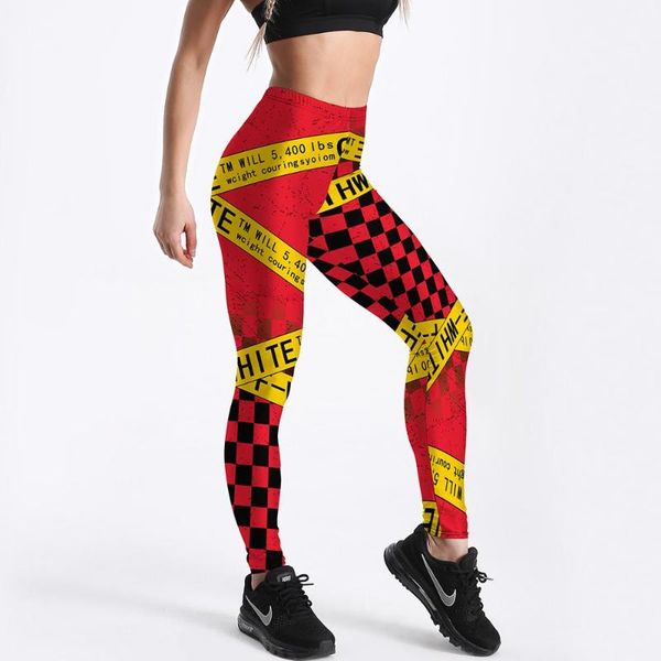 

women's leggings qickitout 12% spandex stretch checkerboard yellow letter red print pants trousers, Black