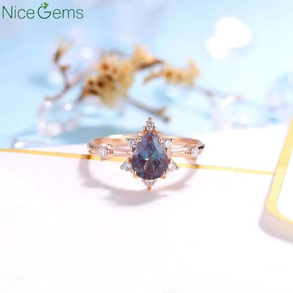 

cluster rings nicegems solid14k rose gold alexandrite engagement ring pear cut bridal vintage with moissanit accent art deco anniversy, Golden;silver