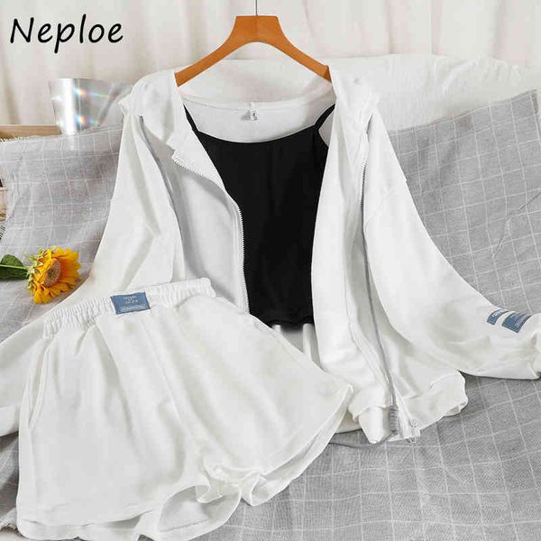 

neploe loose causal solid 3 pcs women set v neck sleeveless camis + hooded long sleeve jacket + high waist hip short suit spring 210423, White