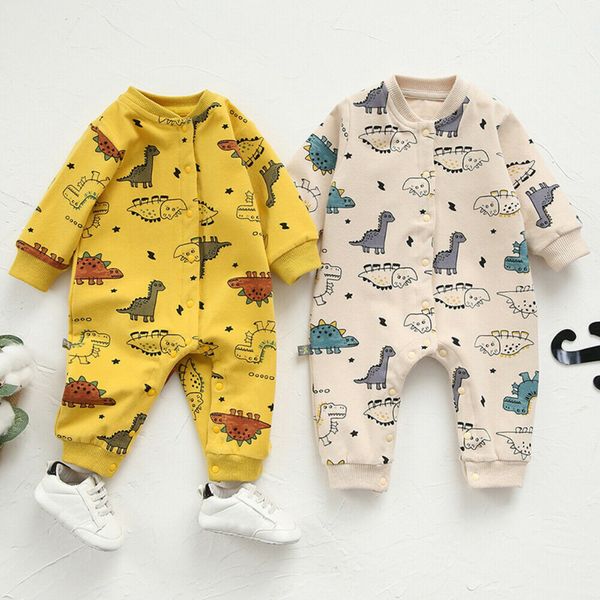 

toddler baby boy girl warm rompers clothes long sleeve dinosaur print single breasted romper jumpsuit outfit, White