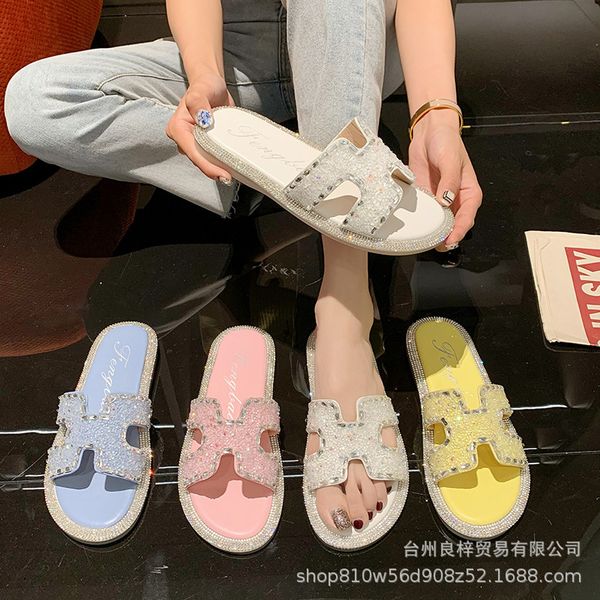 

wholesale h for women's wear ins fairy wind 2021 summer net red pearl cool slippers square head flat bottomed beach flop luxurysss desi, Black