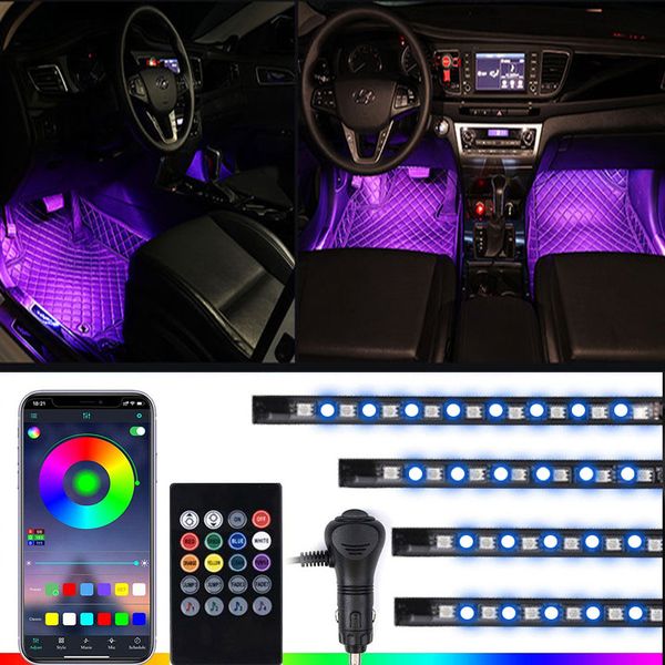 Illuminazione sotto il cruscotto dell'auto 4 pezzi 12V Kit musica per interni multicolore con controllo attivo del suono incluso caricabatterie LED Strip Light