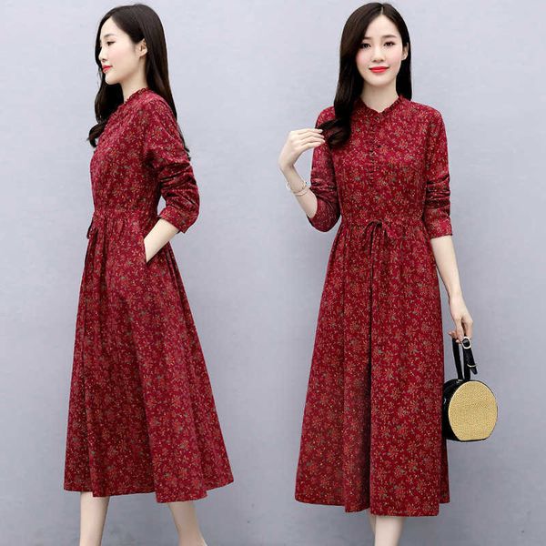 

medium and cotton linen floral 2021 drs waist closing thin temperament early autumn long sleeve skirt, Black;gray