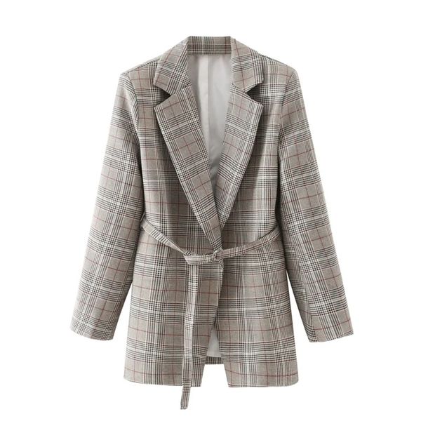 

women stylish elegant waist belt no buttons plaid suit female retro simple long sleeve coat chic 210531, White;black