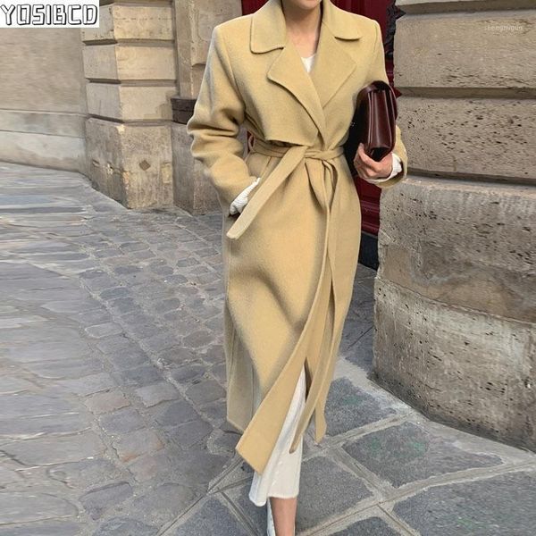 

woolen long coats for women winter solid trench overcoat korean outerwear sashes surcoat women's wool & blends, Black
