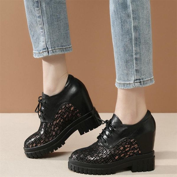 

dress shoes fashion sneakers women genuine leather high heel pumps female med round toe chunky platform ankle boots casual, Black