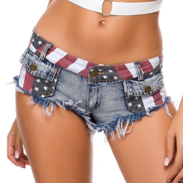 

women's shorts summer women denim short jeans mini female fashion american flag printing pocket nightclub wear, White;black
