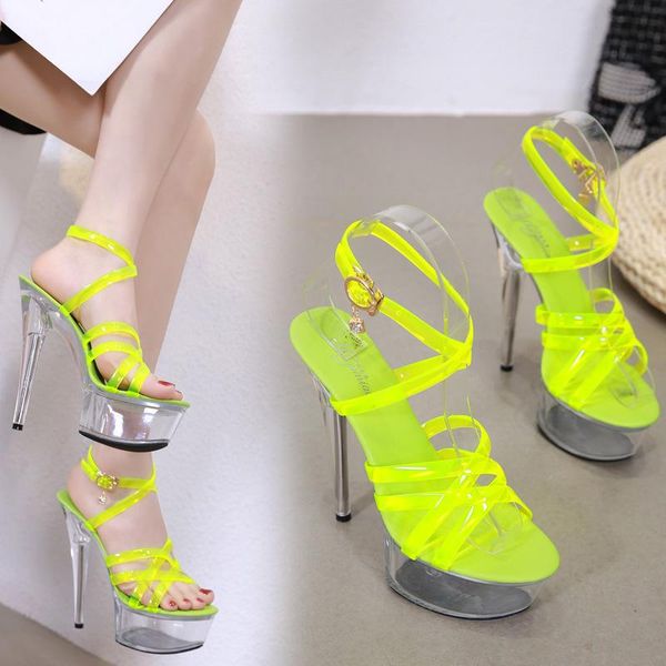 

summer shoes candy color women's heel platform sandals transparent with ankle buckle super high heels, Black