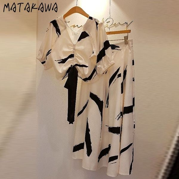

v-neck ink print women blouse short lace-up ladies shirt + mid-length skirt two-piece set for 210506, White
