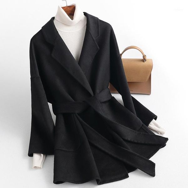 

women's wool & blends double side zero cashmere coat medium length pure faced woolen 2021 youth, Black