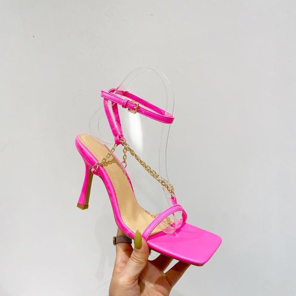 

square toe open metal chain sandals high heels stiletto cross ankle strap summer dress shoes plus size41 black