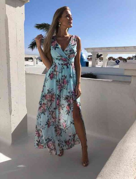 

fashion women boho flower long beach dress ankle length sleeveless v neck evening party beach summer sun dresses, Black;gray