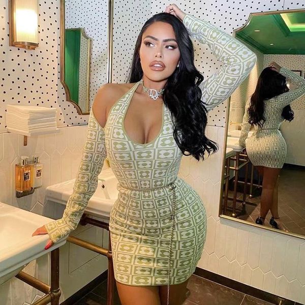 

casual dresses dsmtrc green club birthday outfit tight one piece streetwear mini printing bandage halter cut out bodycon dress, Black;gray