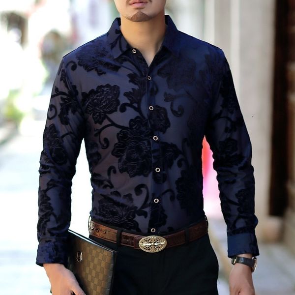 

men's button floral designer long sleeve velvet shirt flower camicia uomo, White;black