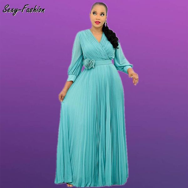 

plus size dresses somoshein 2021 fall 5xl elegant pleated dress women v neck long sleeve evening loose with flower belt, Black