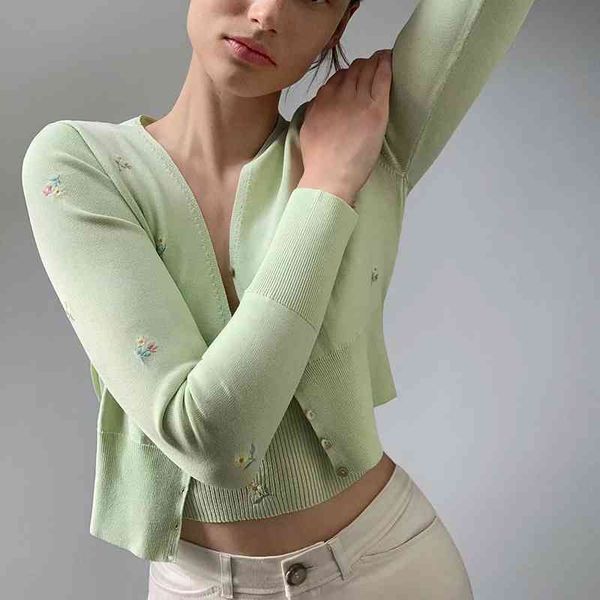 

green women knitted floral sweaters fashion ladies rib-knited sleeve button sweater elegant female knitwear girls chic 210430, White
