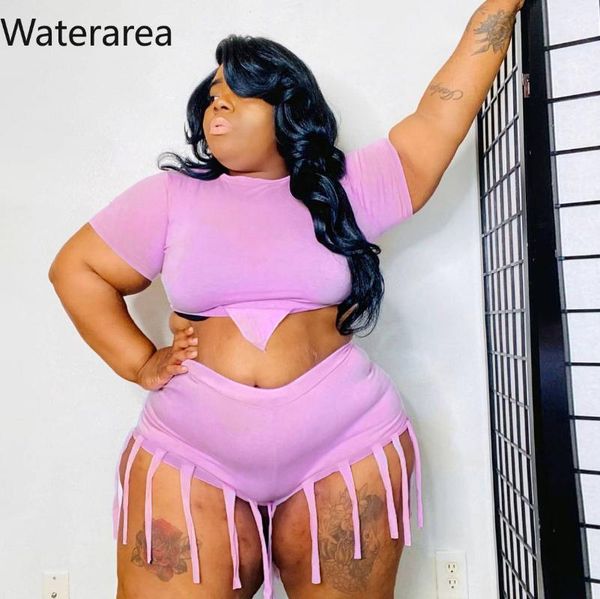 

plus size tracksuits waterarea women two piece street casual o neck tassel design 2 shorts set