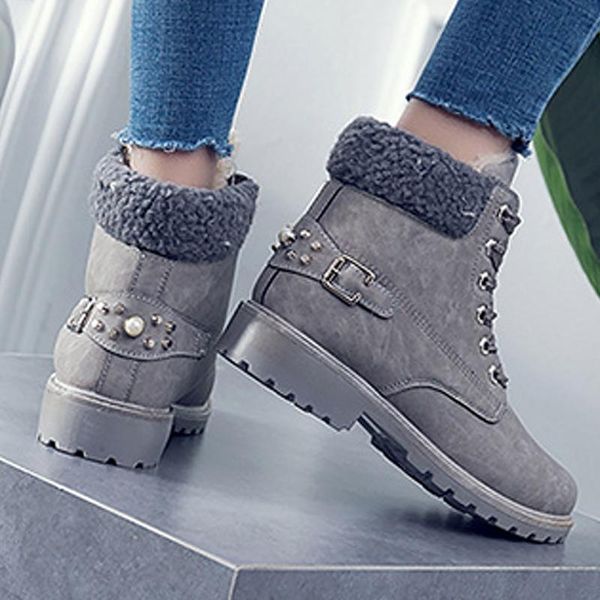 

boots snow for student rivet riband lace-up designer ankle boot short plush wedges female shoes 2021 winter fashion, Black