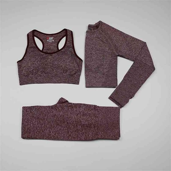 

vital seamless yoga set woman sportswear 3 pieces long sleeve crop gym leggings+sport brassiere female fitness sports suits 210802, Gray