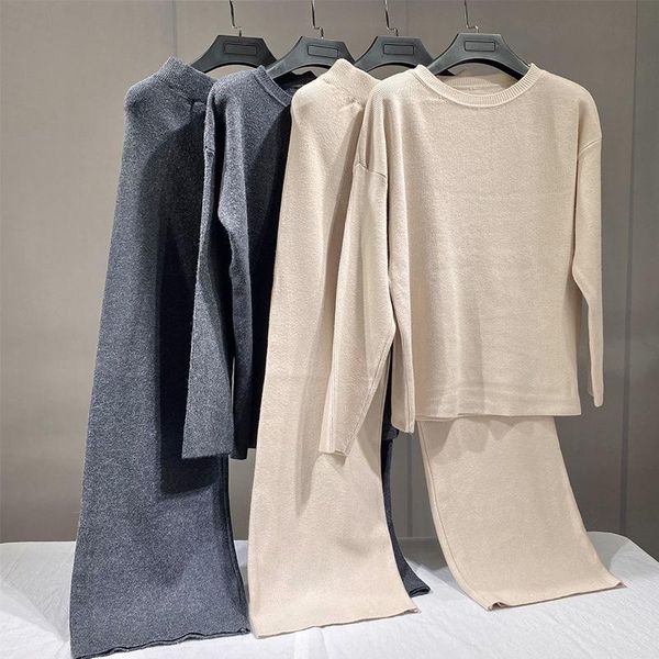 

women's two piece pants trendy women high waist wide leg loose classic knitwear sweater set outfit 2142, White