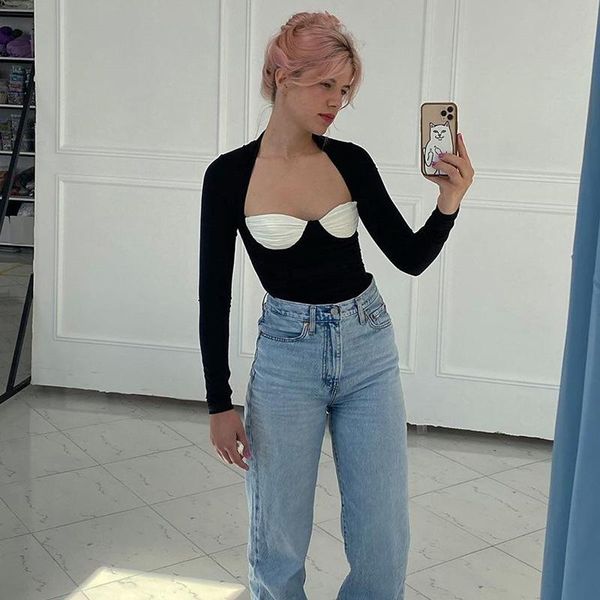 

women fashion long sleeve patchwork t-shirt low-cut square collar slim fit color block casual clothing spring and autumn women's, White