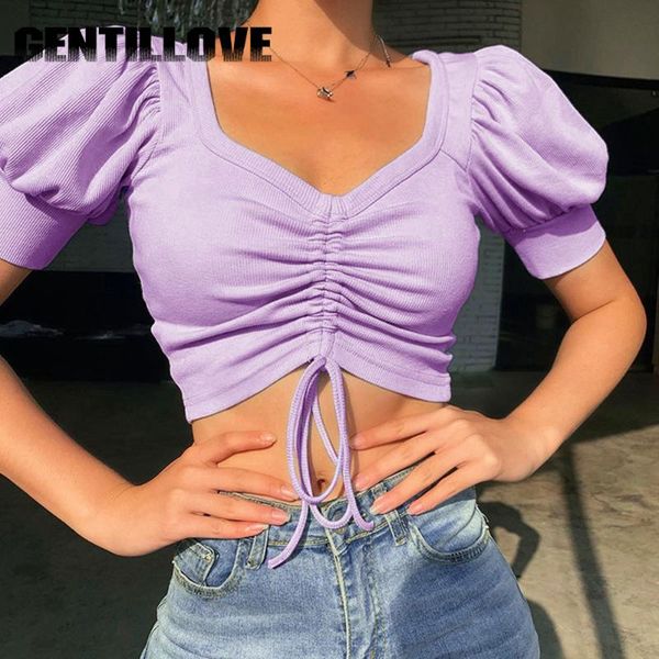 

women t-shirt short sleeve knitting crop pleated solid puff skinny drawstring t-shirts v neck party shirt women's, White