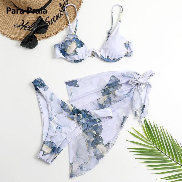 

two-piece suits para praia 2021 three pieces bikini floral print bikin set with skirt push up swimwear brazalian bathing suit female