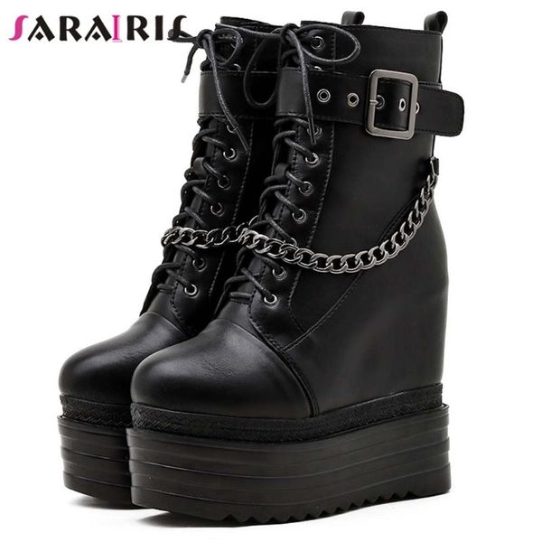

boots sarairis solid platform zipper cross tied women chain thick bottom height increasing ladies shoes, Black