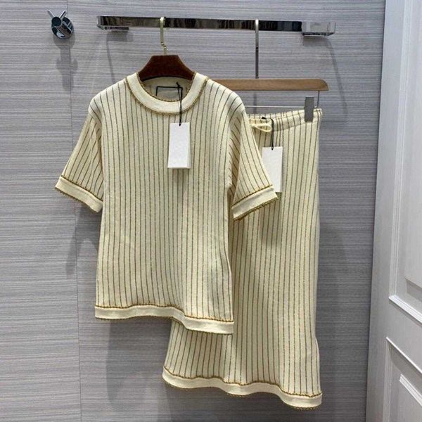 

casual dresses spring summer wool mixture 2 feminine piece gold thread embroidered vertical stripes short sleeve knitted shirt suit yj30, Black;gray