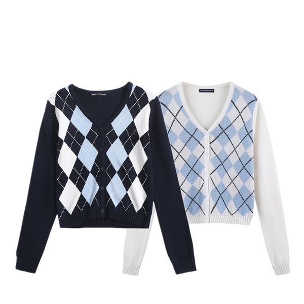 

slim girls fashion geometric rhombic cardigan women sweater spring-autumn warm long sleeve outwear winter chic knitted female 210521, White