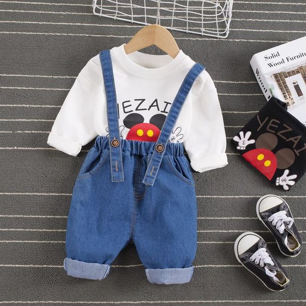 

clothing sets cartoon toddler boys set two-piece girls o-neck + denim pants baby children outfit striped kids trousers dress, White