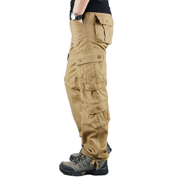 

men's pants men's mid-waist enlarged plus fat code loose trousers multi-pocket autumn solid color overalls labor casual straight-le, Black
