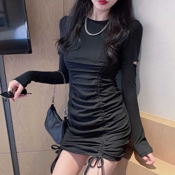 

scheming round neck long sleeve drawstring hip wrap drs fairy early autumn high waist short temperament slim one-step skirt, Black;gray