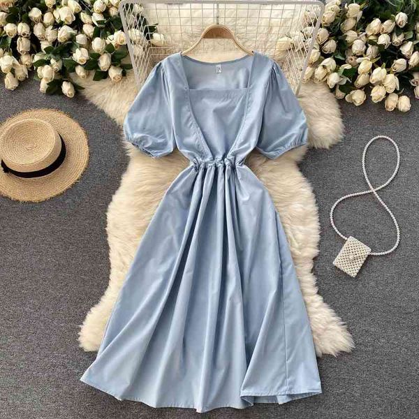 

casual dresses elegant retro puff sleeve dress female summer temperament square neck tie waist simple solid color midi qam3, Black;gray
