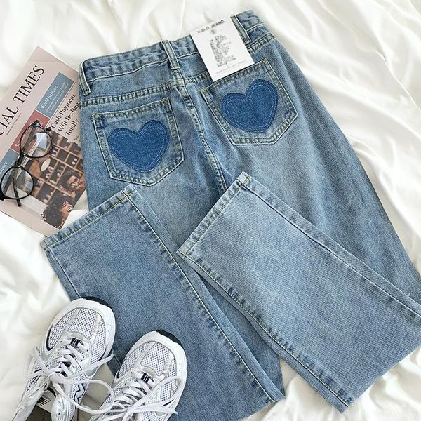 

women's jeans mooirue kawaii winter women wide leg love stick pocket high waist loose thin spring wash blue straight
