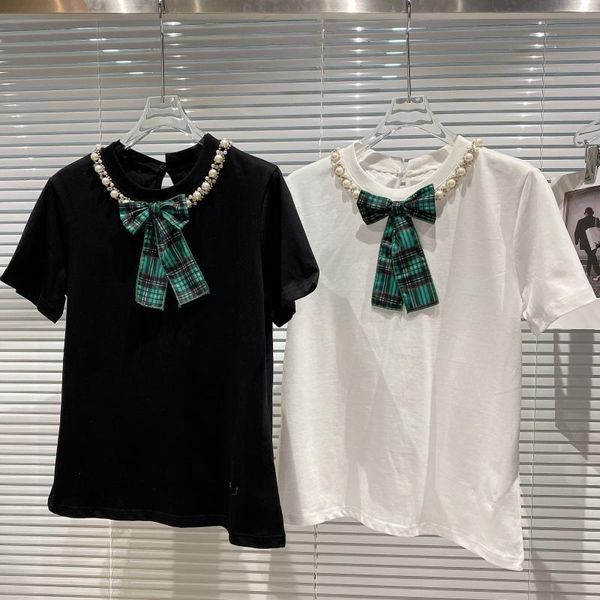 

summer women t shirt diamond neckline bow tie round neck short sleeve t-shirt women's, White