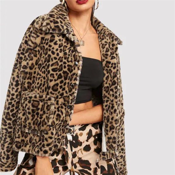 

women's jackets leopard winter down jacket women fashion autumn and print loose short turn-down warm collar windbreaker lamb coat e26, Black;brown