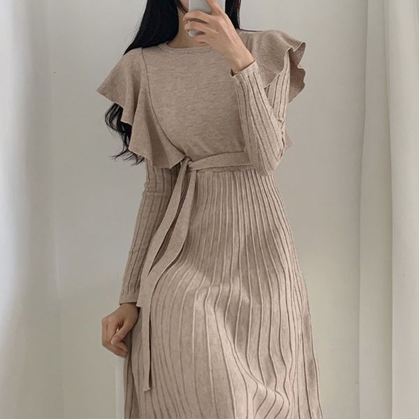 

casual dresses ruffles women sweater mid slim solid pleated o-neck winter es long sleeve office lady knee length fashion clothes n, Black;gray