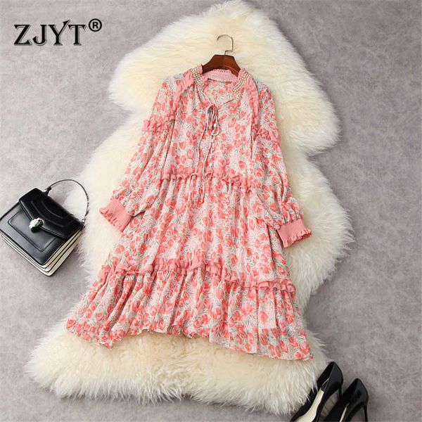 

women runway fashion designers spring summer loose dress floral print beading robe femme chiffon holiday vestidos 210601, Black;gray