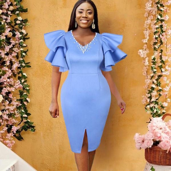

casual dresses women party v neck ruffles sleeves beading slit bodycon package hip elegant celebrate evening night date out robes, Black;gray