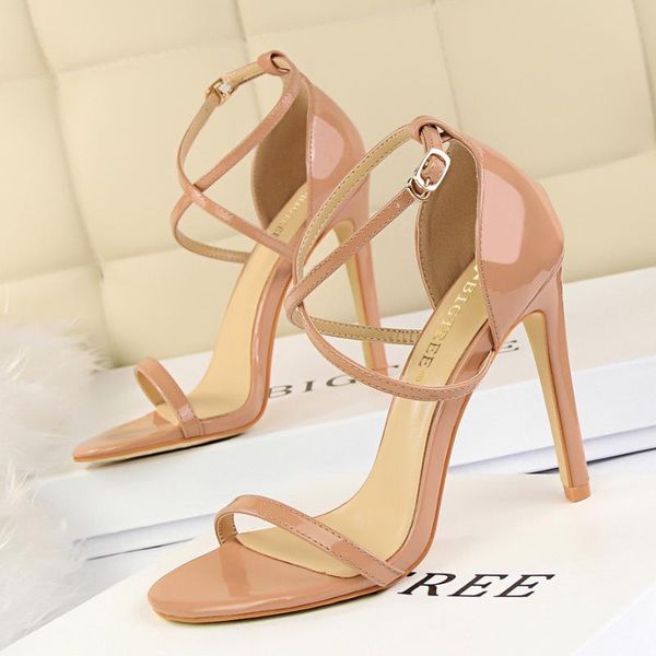 

dress shoes cross-strap buckle women's party sandals summer solid patent leather open toe concise 11cm high heels woman, Black