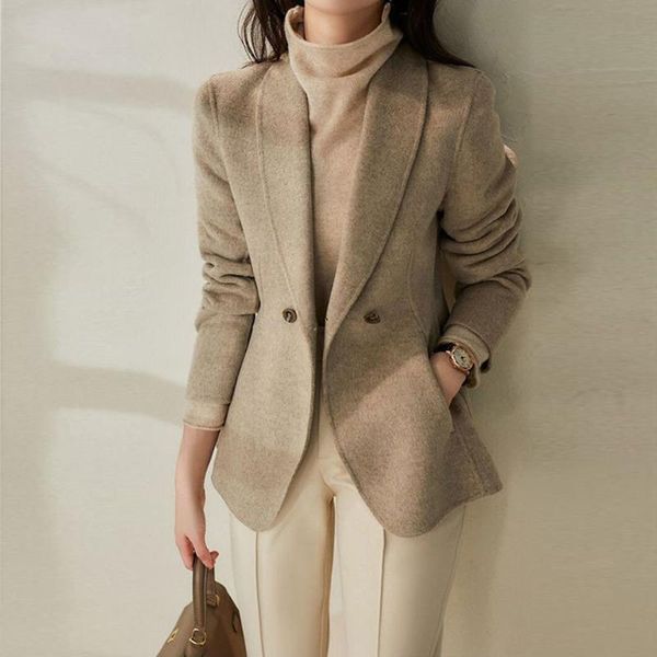 

women's suits & blazers autumn elegant suit jacket 2021 winter office lady simple blazer career women one button waist woolen outerwear, White;black