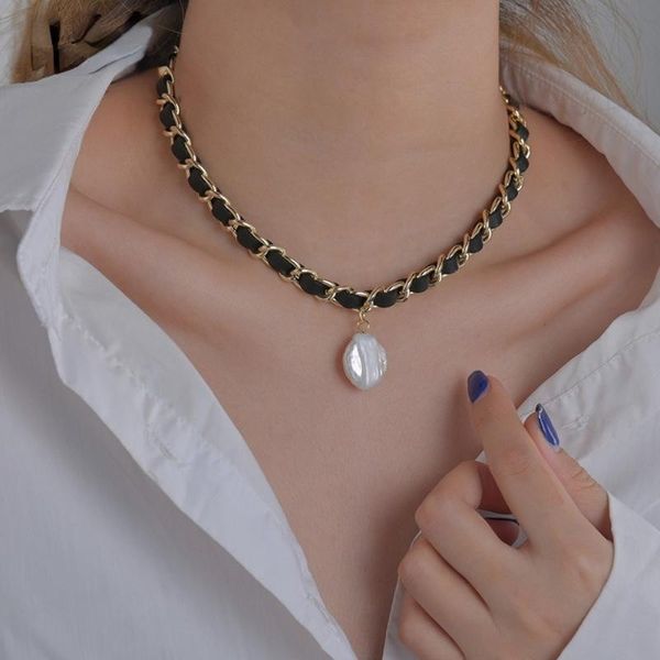 

pendant necklaces japanese and korean fashion ladies party alloy pearl braided leather rope short clavicle chain necklace, Silver
