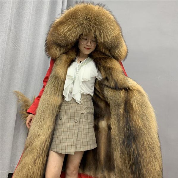 

women's fur & faux 2021 style to overcome long parker king whole skin raccoon liner warm coat big placket, Black