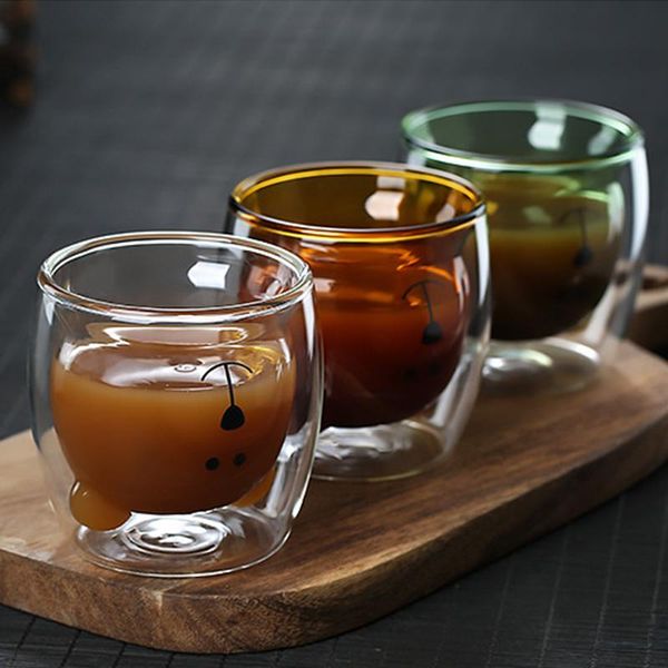 

wine glasses 250ml creative cartoon double coffee mugs drinking insulation wall glass tea cup gift drinkware milk